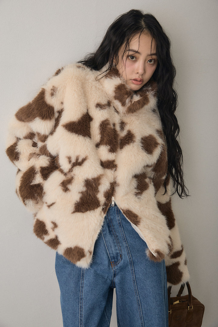 [予約]COW柄スタンドファーライクコート