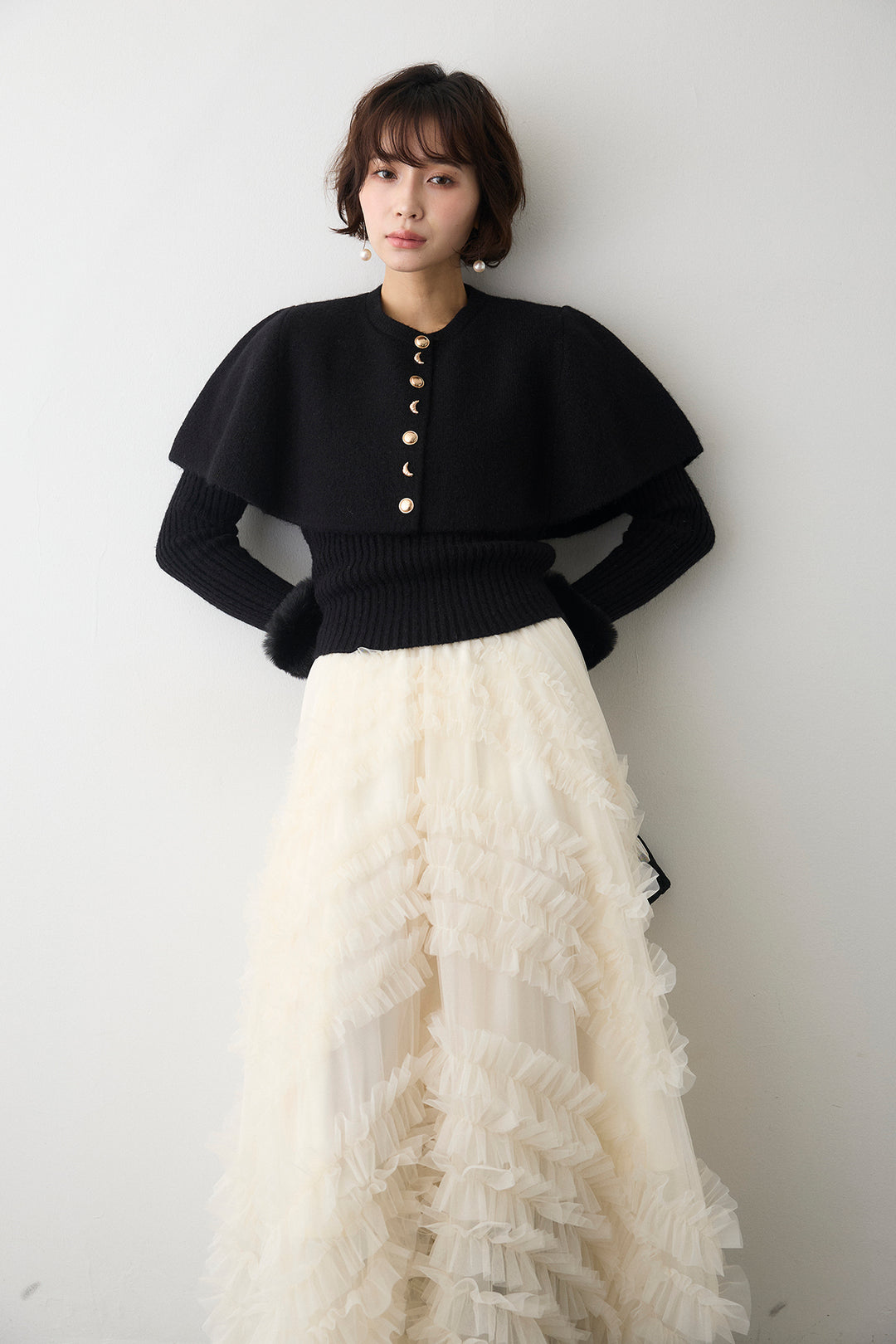 [予約/SET]ミックス釦ケープ2wayニット+スフレアシメチュールスカート(2set)