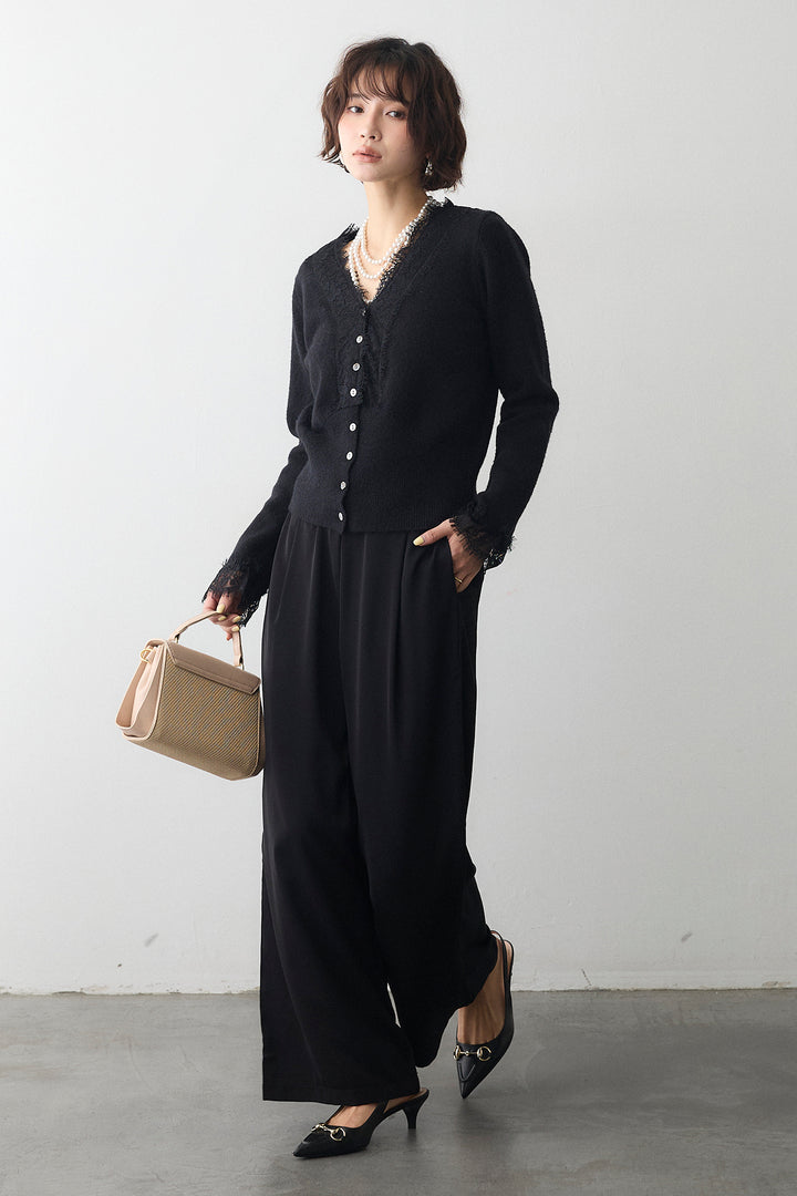 [予約/SET]レースVラインボタンニット+とろみドロストワイドパンツ(2set)