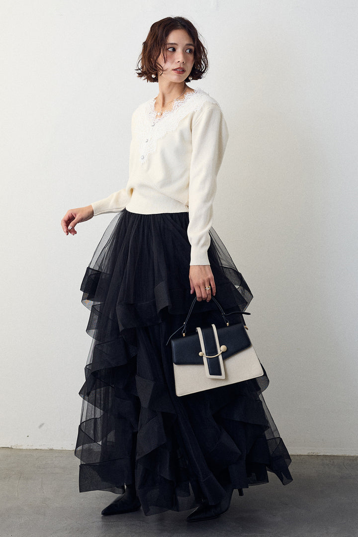 [予約/SET]Vレースデザインニットプルオーバー+ランダムフリルティアードボリュームスカート(2set)