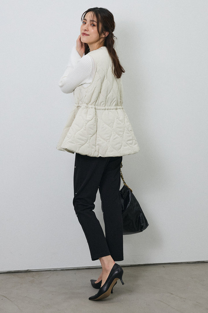 [予約/SET]フェザー切替スリーブフレアニット+キルティングフレアシルエットベスト(2set)