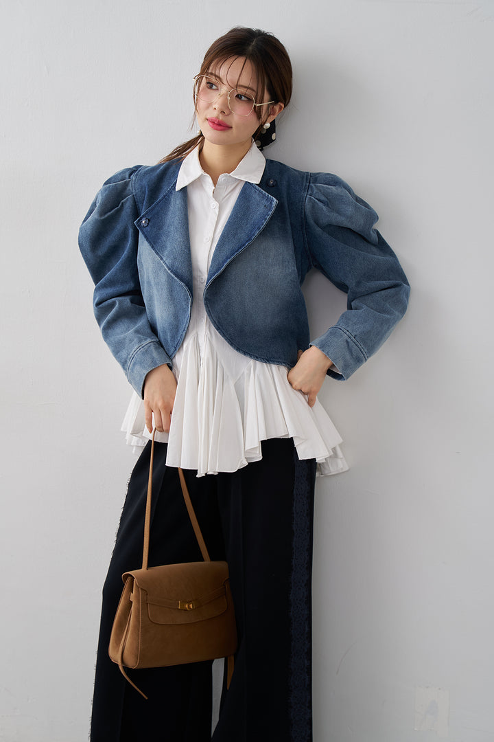 [予約/SET]パネルフレアヘムシャツ+パフスリーブショートデニムジャケット+サイドレースWフェイスカットソーパンツ(3set)