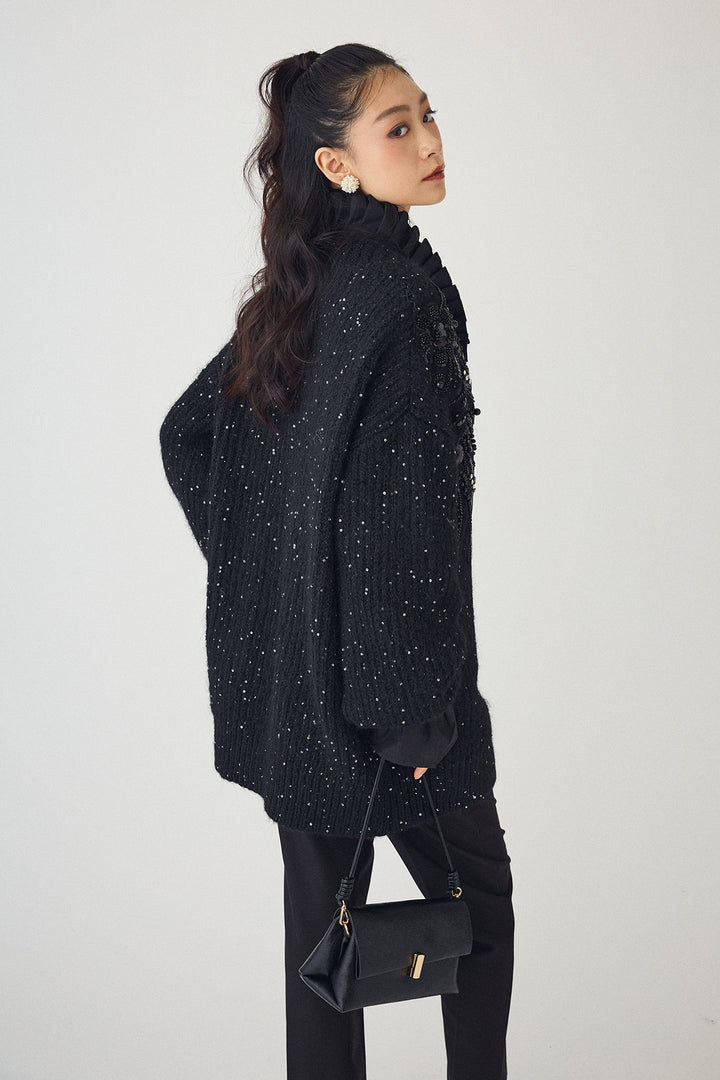 [予約/SET]ダブルプリーツカラーブラウス+ビーズフラワースパンコールシャイニーニットカーデ+タックテーパードパンツ(3set)