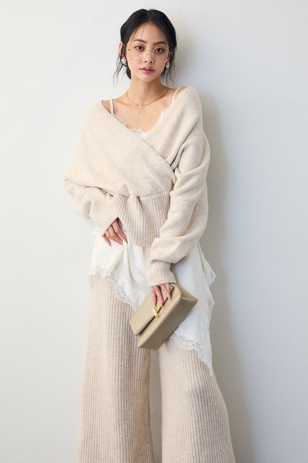 [予約/SET]カシュクール美ラインニットセットアップ+サテンレースアシメキャミ(2set)