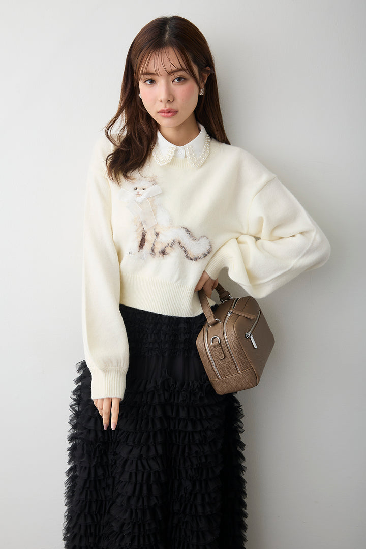 [予約]シャギーリボンキャットモチーフニットPO