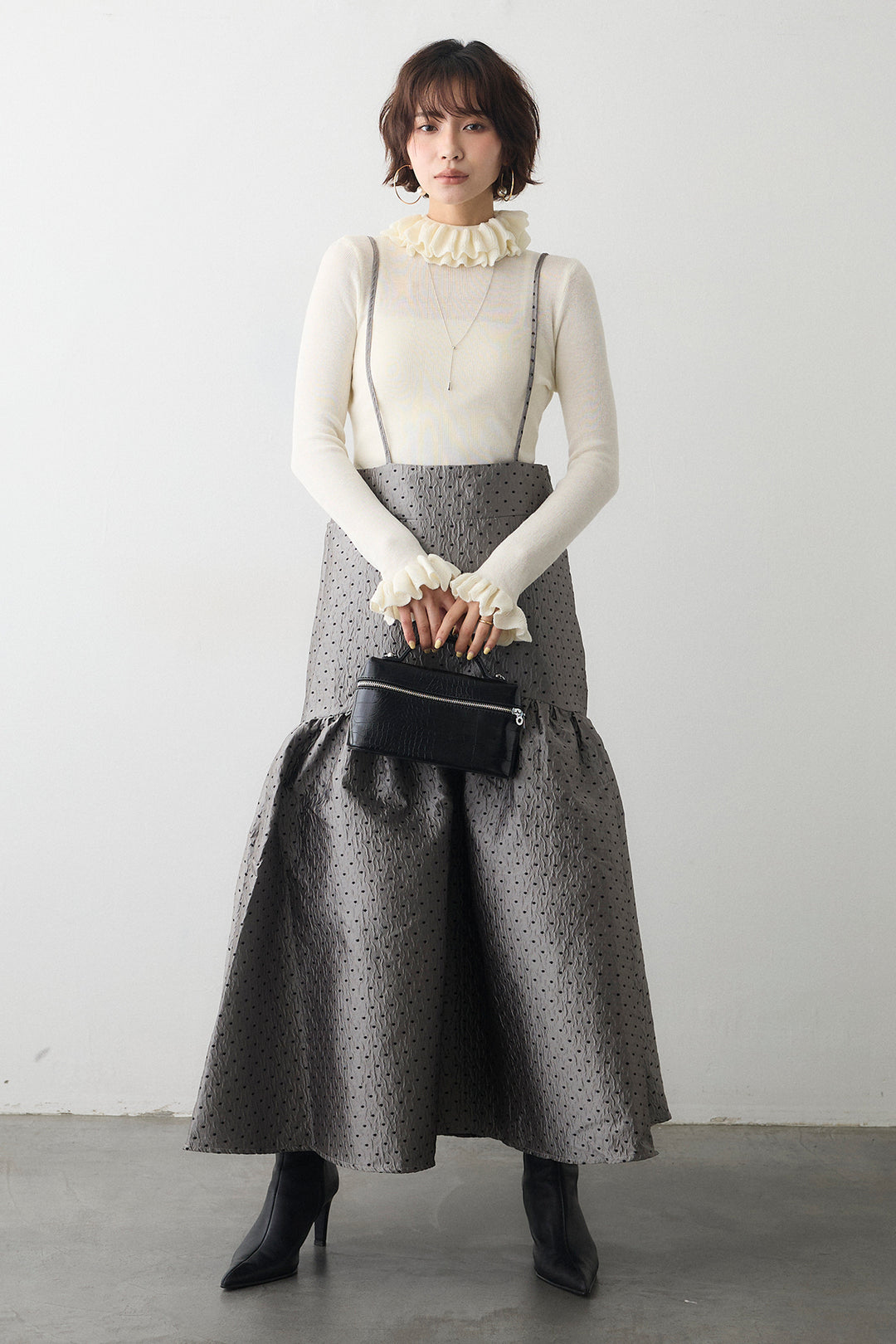[予約/SET]ダブルフリルカラーニットプルオーバー+ドットジャガードギャザーフレアスカート(2set)