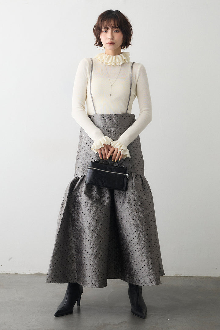 [予約/SET]ダブルフリルカラーニットプルオーバー+ドットジャガードギャザーフレアスカート(2set)