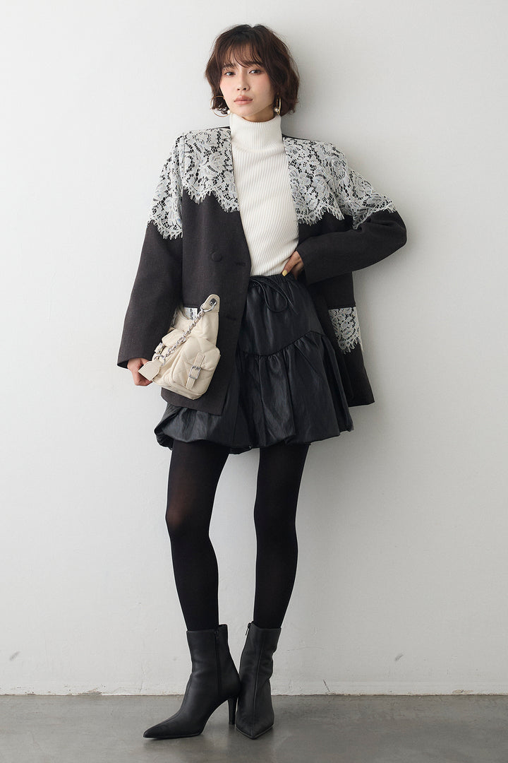 [予約/SET]ショルダーレースデザインジャケット+フェイクレザーティアードバルーンミニスカート(2set)