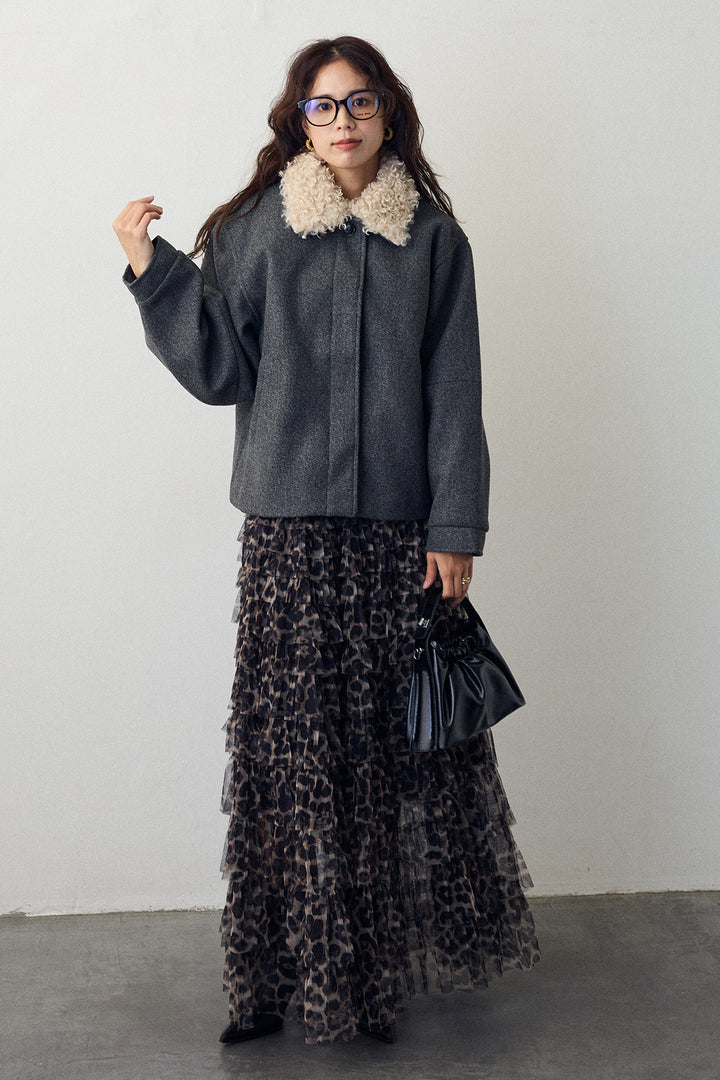 [予約/SET]プードル襟2wayコート+レオパードチュールティアードスカート(2set)