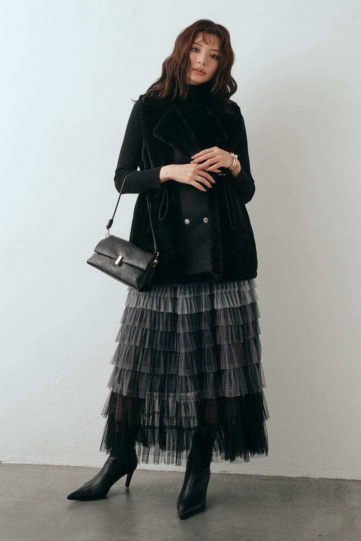 [予約/SET]ベーシックリブタートルニット+テディボアウエストドロストベスト+グラデーションチュールティアードスカート(3set)