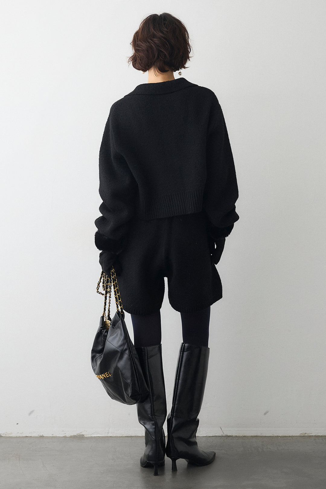 [予約/SET]メランジニットポロ襟クロップドカーデ+メランジニットショートパンツ(2set)