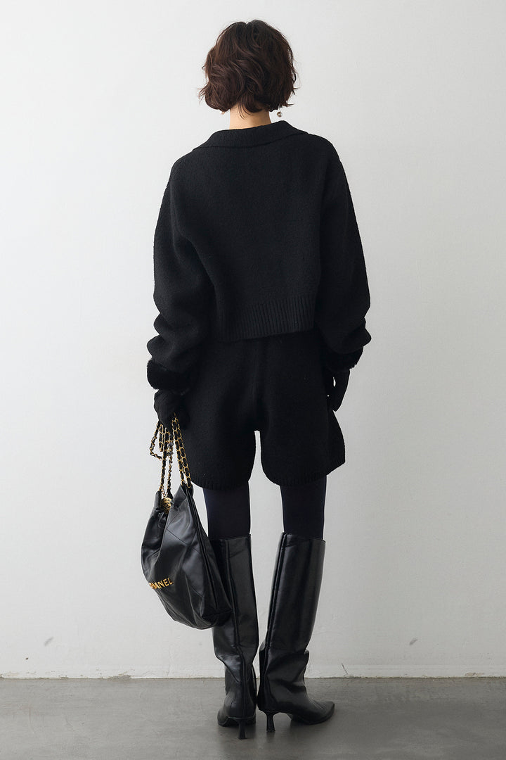 [予約/SET]メランジニットポロ襟クロップドカーデ+メランジニットショートパンツ(2set)