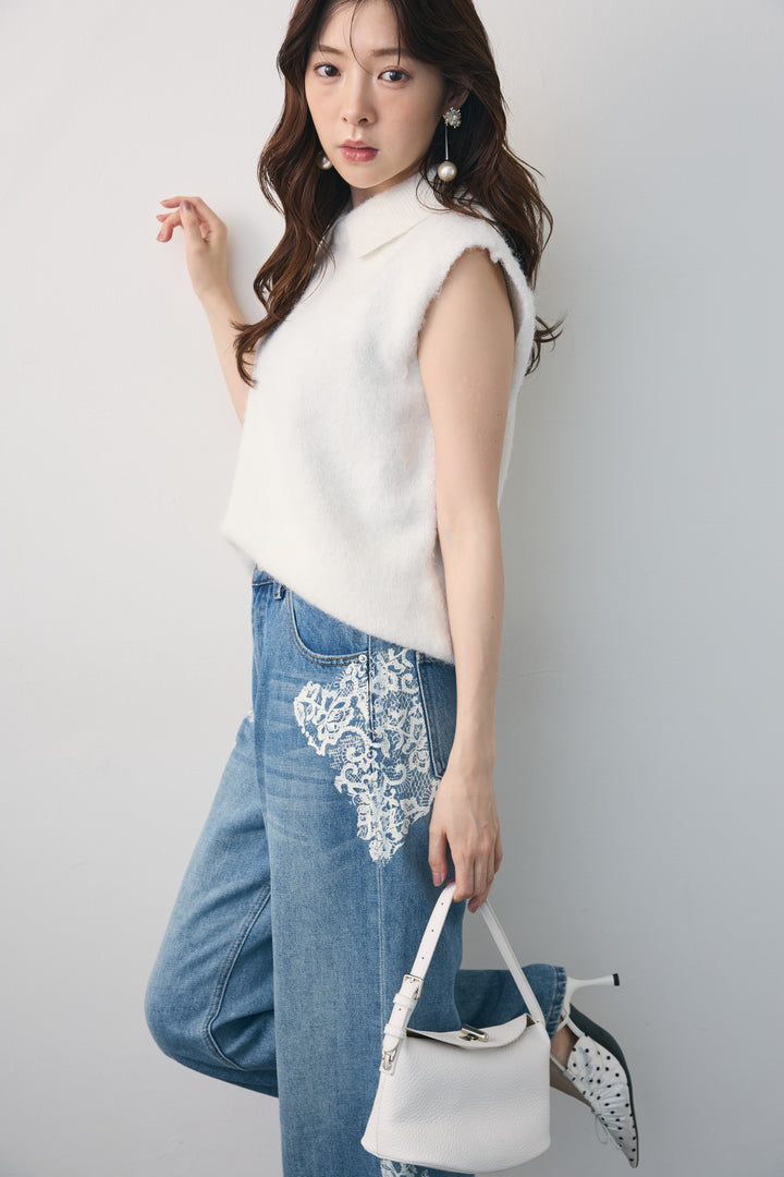 [予約/SET]モヘア起毛ポロベスト+レースプリントデザインデニムパンツ(2set)