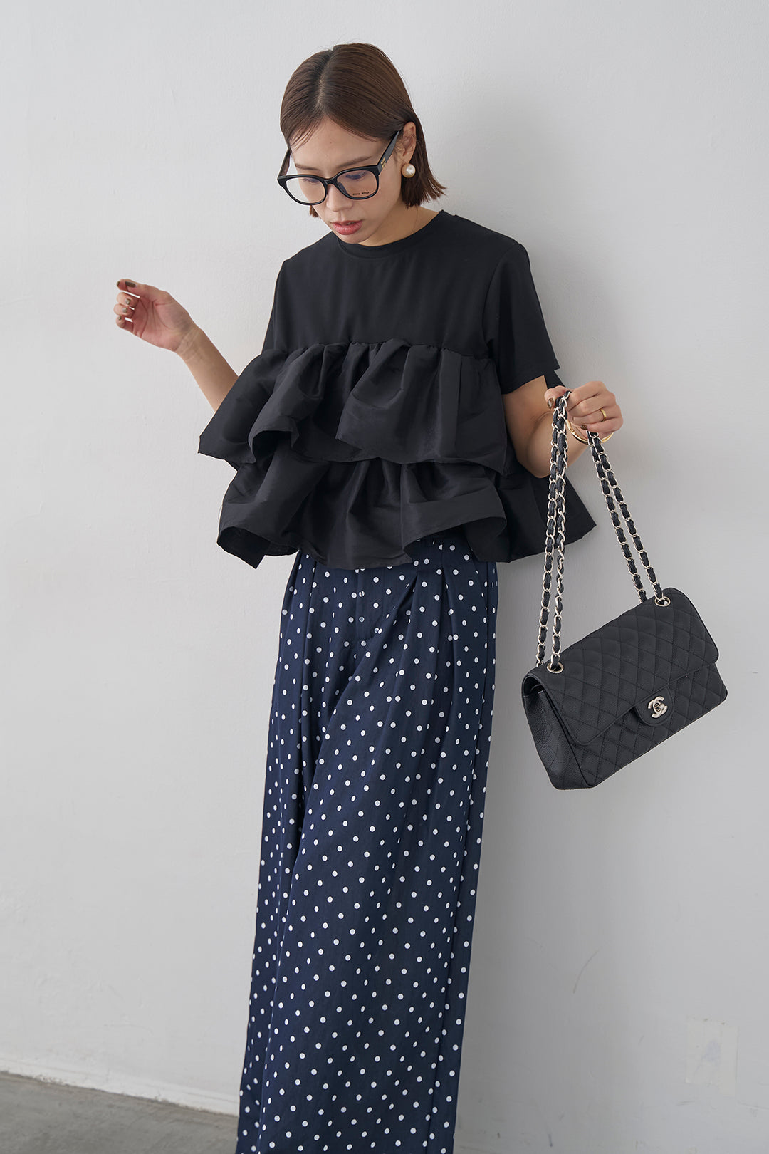 [予約/SET]ナイロンフリルドッキングTシャツ+ハイウエストドットデニムパンツ(2set)