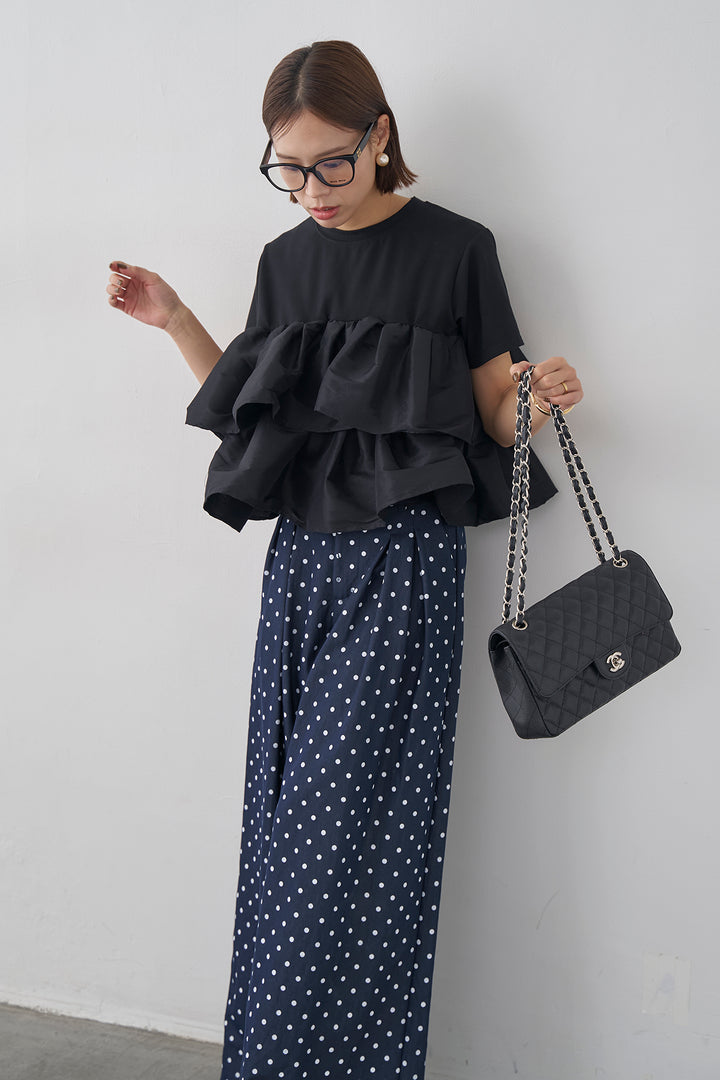 [予約/SET]ナイロンフリルドッキングTシャツ+ハイウエストドットデニムパンツ(2set)