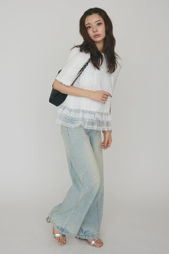[予約/SET]サマーツイード異素材ドッキングトップス+パールラインストーンハイウエストデニム(2set)