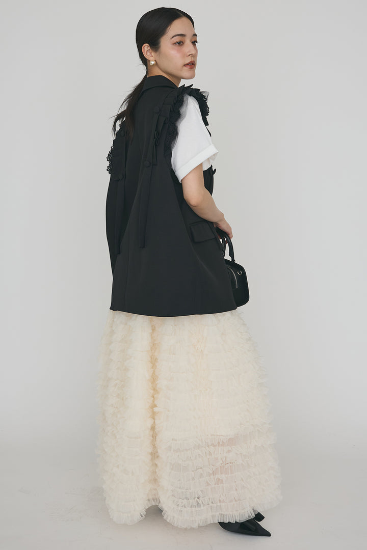 [予約/SET]ThecityロゴTシャツ+フリルショルダーテーラーマニッシュベスト+ホイップチュールティアードスカート(3set)
