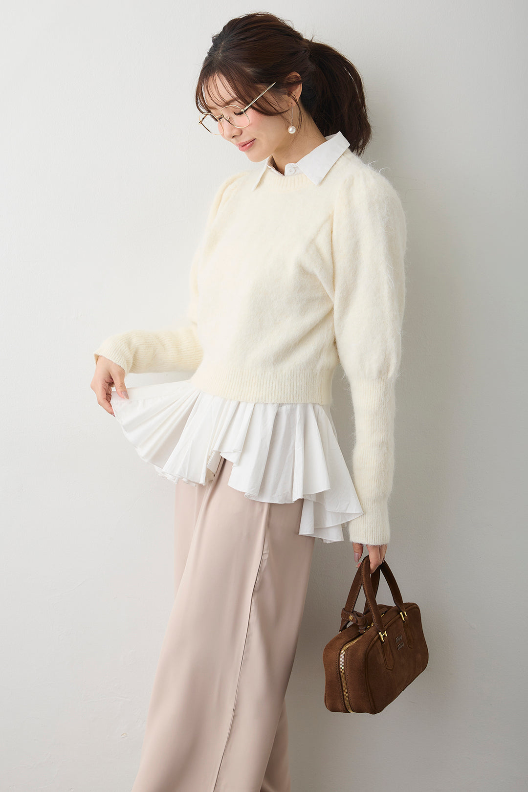 [予約/SET]モヘアパフスリーブプルオーバー+パネルフレアヘムシャツ+とろみドロストワイドパンツ(3set)