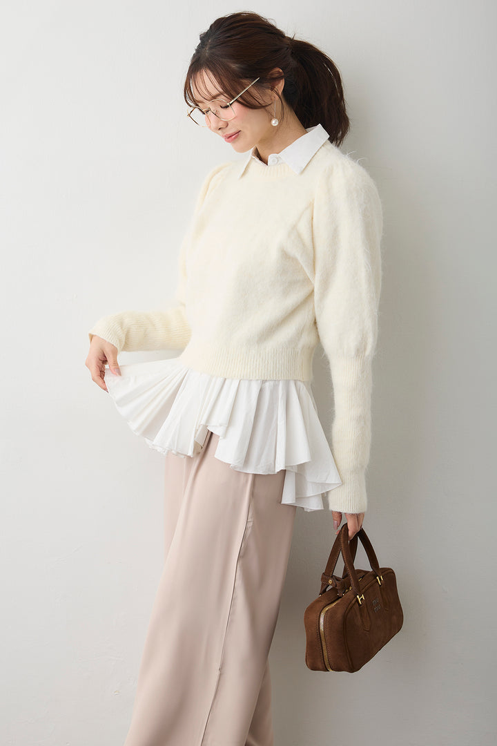 [予約/SET]モヘアパフスリーブプルオーバー+パネルフレアヘムシャツ+とろみドロストワイドパンツ(3set)