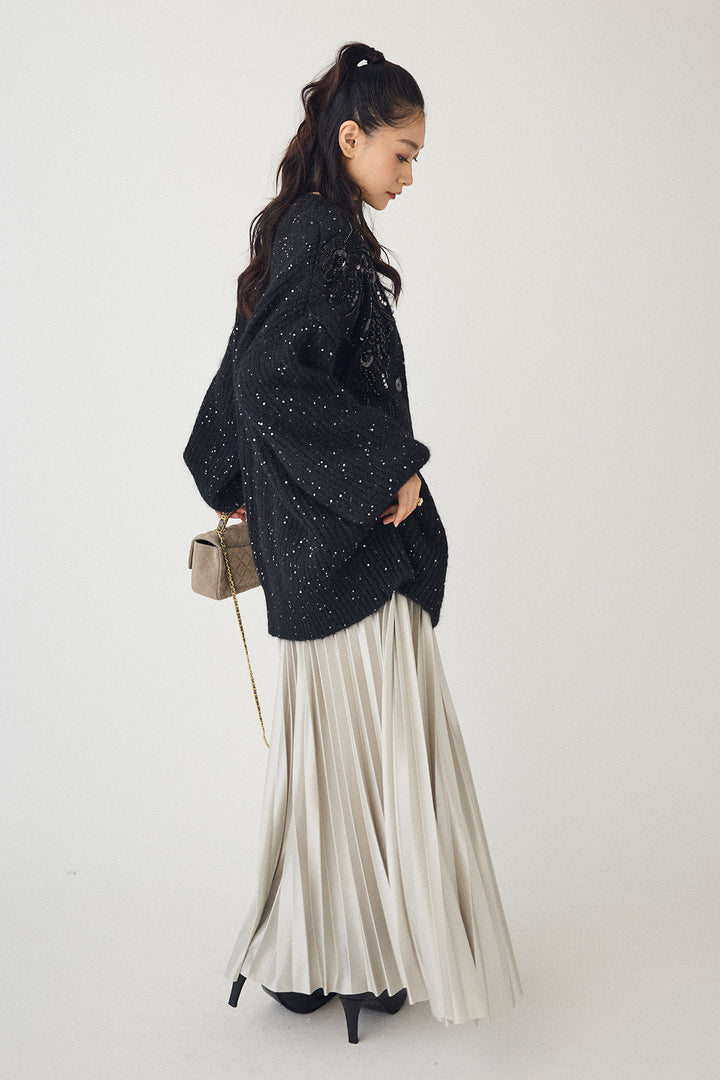 [予約/SET]ビーズフラワースパンコールシャイニーニットカーデ+シャイニープリーツサテンスカート(2set)