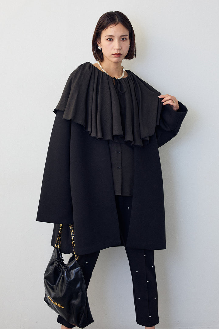 [予約/SET]BIGフリルカラーブラウス+フリルポケットボンディングノーカラーコート+センターシームランダムパールパンツ(3set)