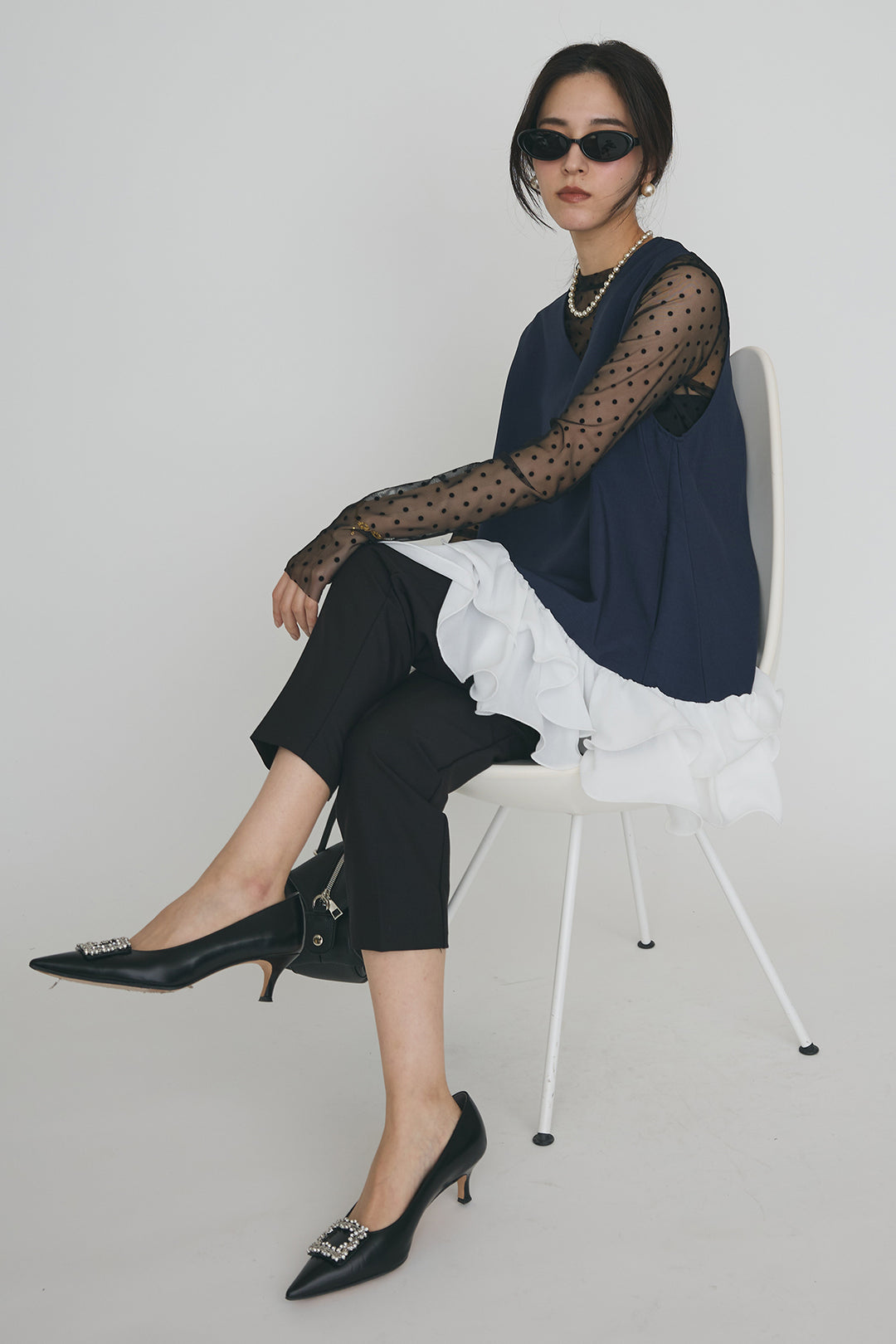 [予約/SET]シアードットフロッキートップス+異素材フリルヘムVネックチュニック+タックテーパードパンツ(3set)