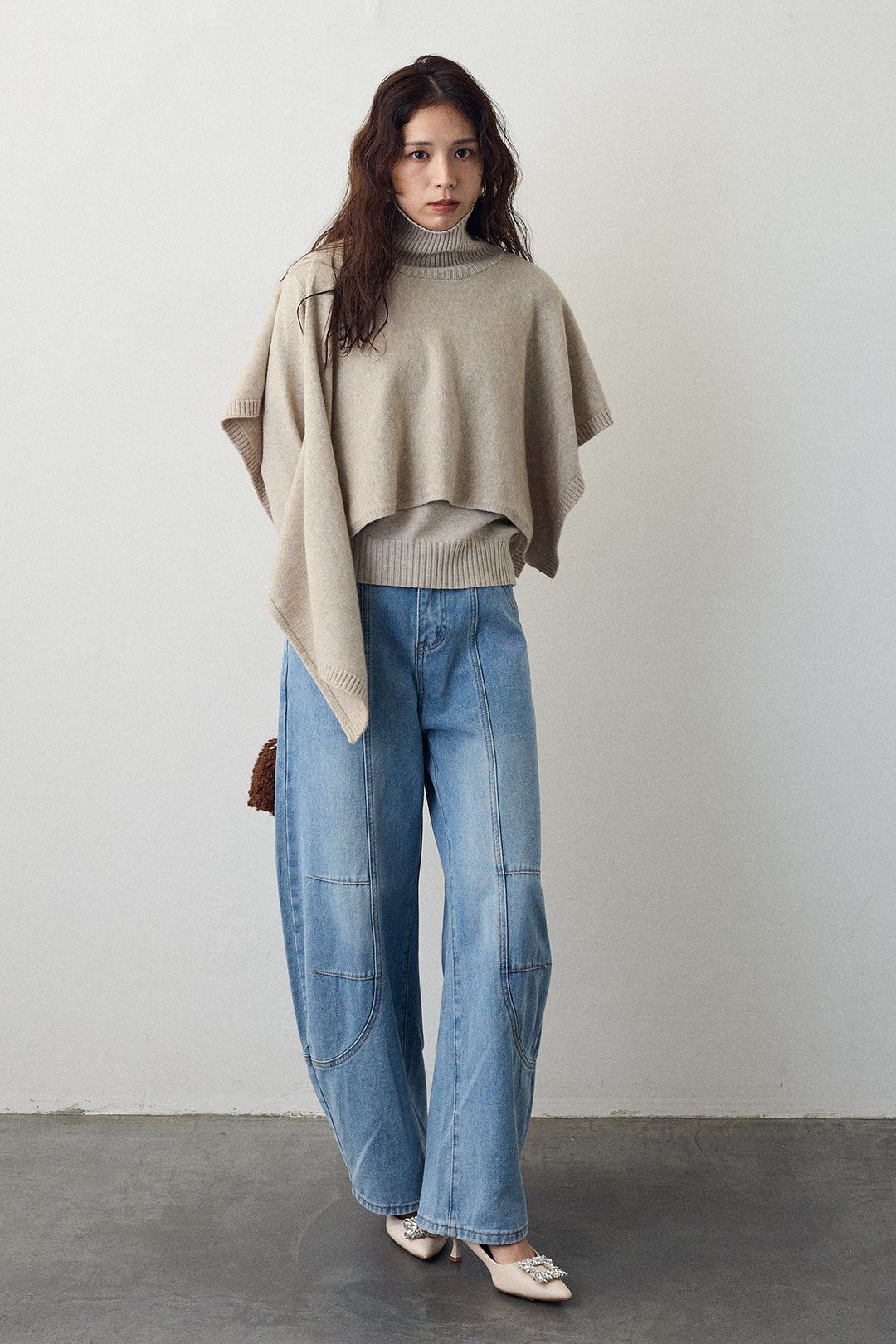 [予約/SET]アシメケープ2wayニット+ステッチ美ラインカーブデニムパンツ(2set)