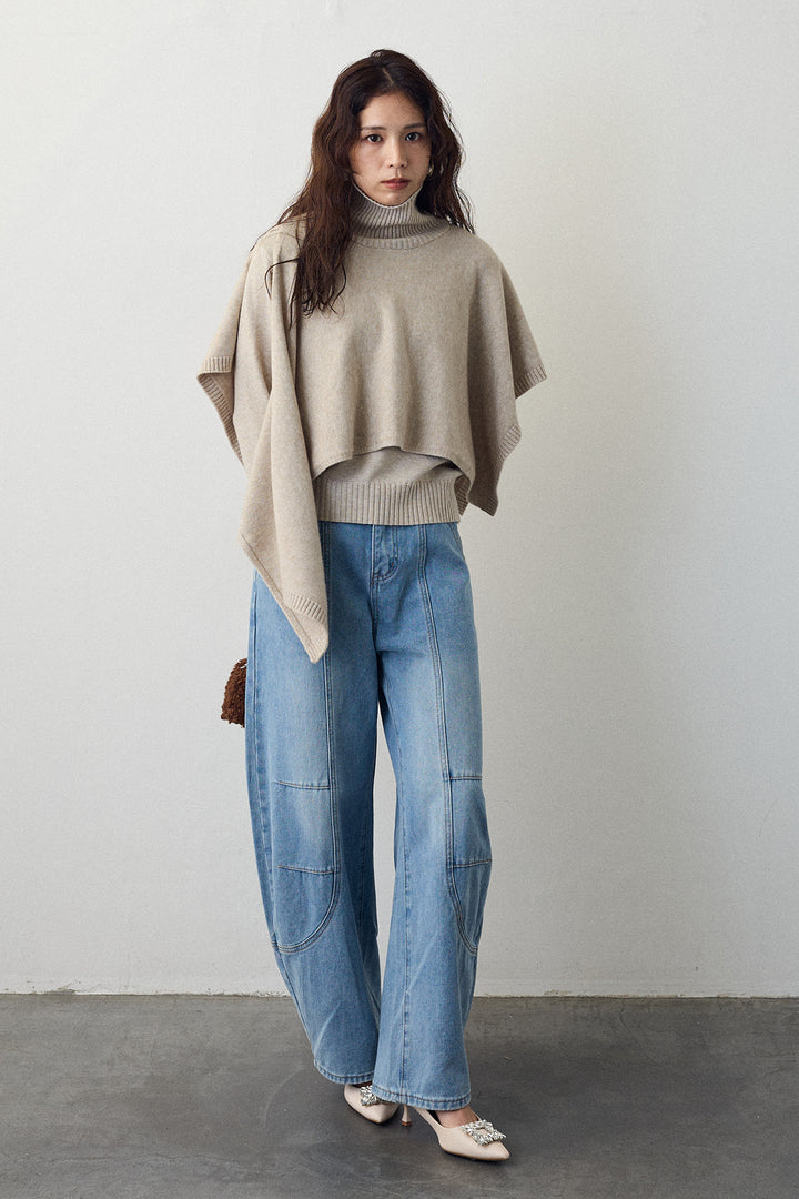 [予約/SET]アシメケープ2wayニット+ステッチ美ラインカーブデニムパンツ(2set)