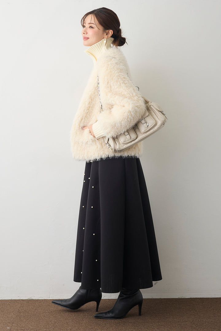 [予約/SET]シャギーファー×リブニットミックスジャケット+マルチパターンボンディングフレアスカート(2set)