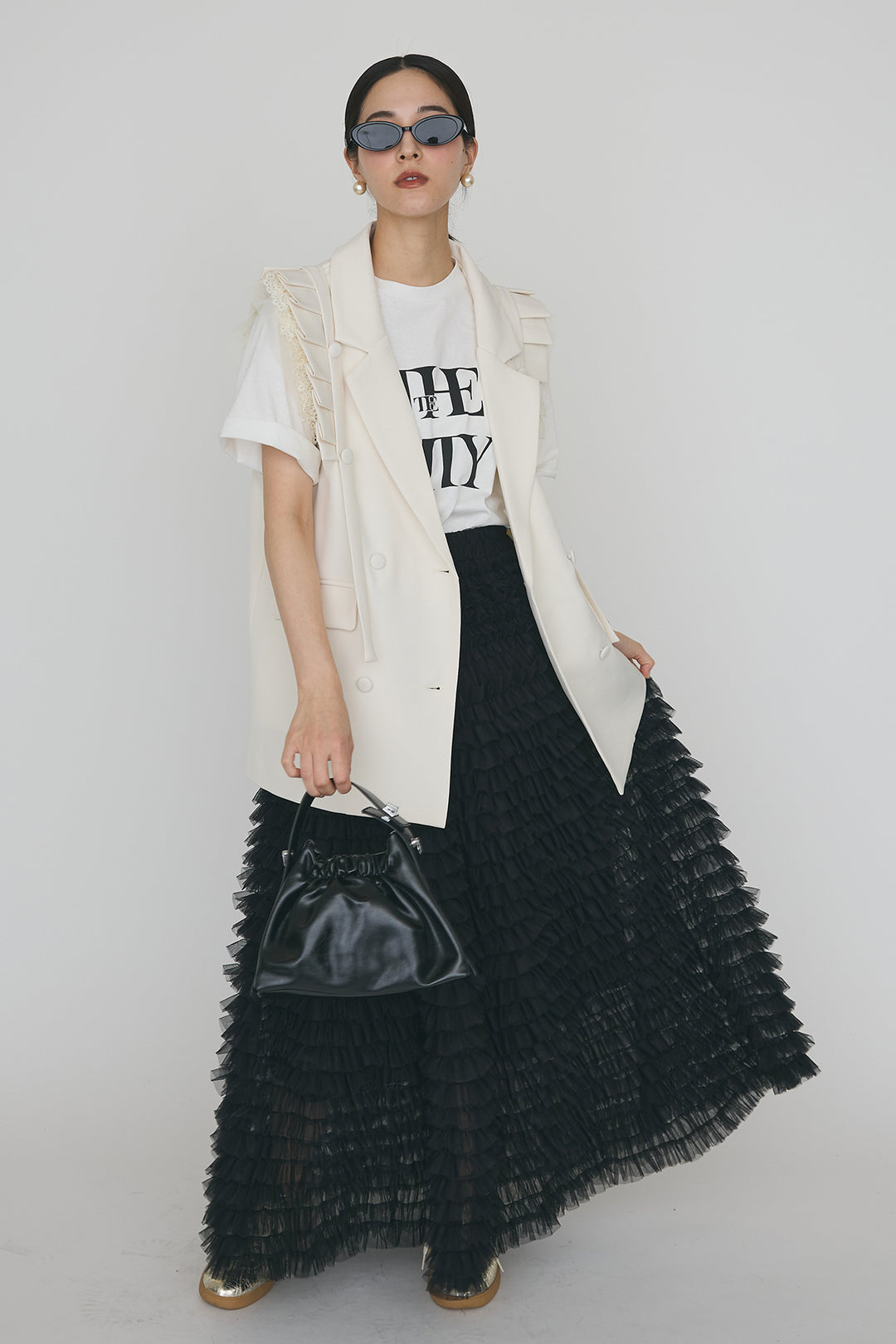 [予約/SET]フリルショルダーテーラーマニッシュベスト+ホイップチュールティアードスカート(2set)