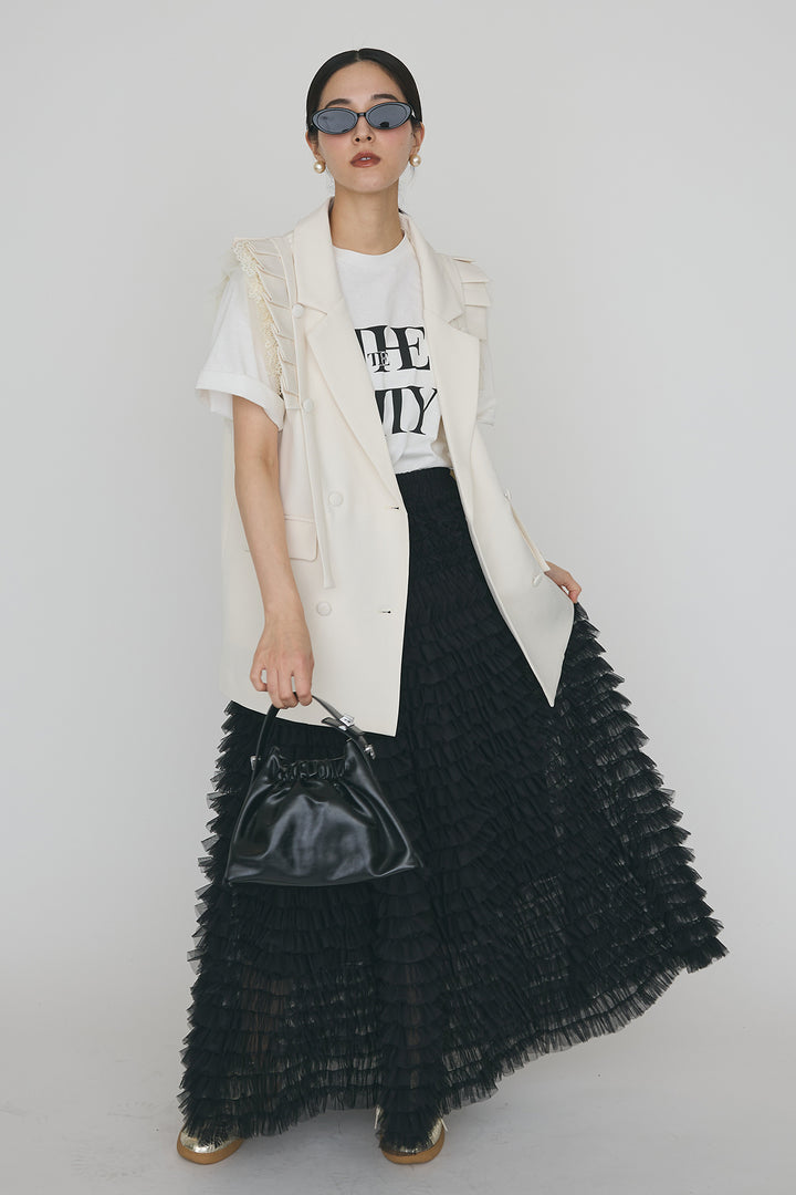 [予約/SET]フリルショルダーテーラーマニッシュベスト+ホイップチュールティアードスカート(2set)