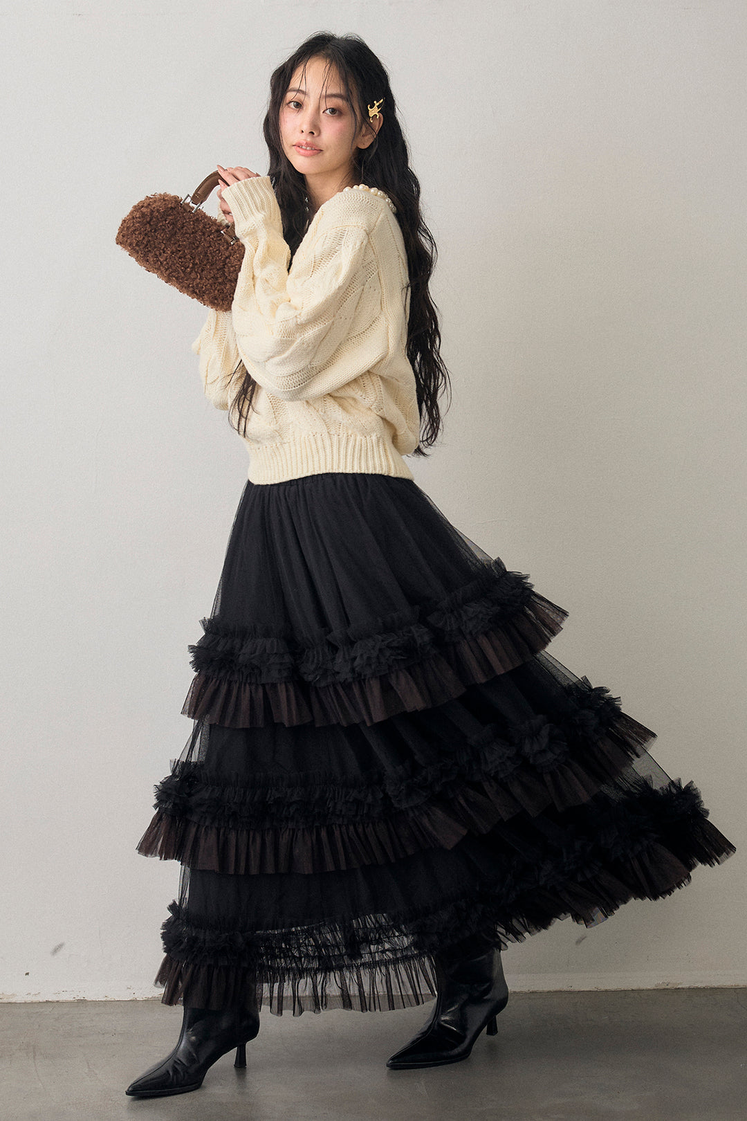 [予約/SET]ネックパールケーブル編みニット+配色フリルティアードロマンティックスカート(2set)