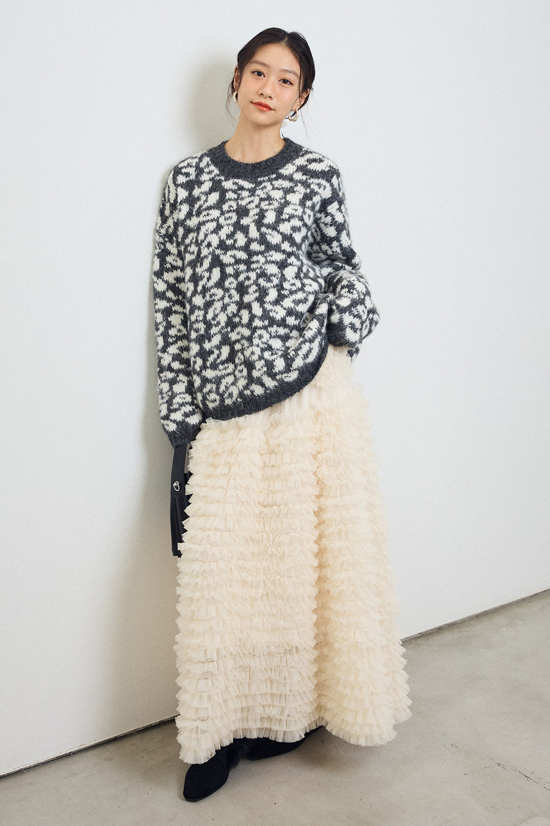 [予約/SET]レオパードクルーネックニットプルオーバー+ホイップチュールティアードスカート(2set)