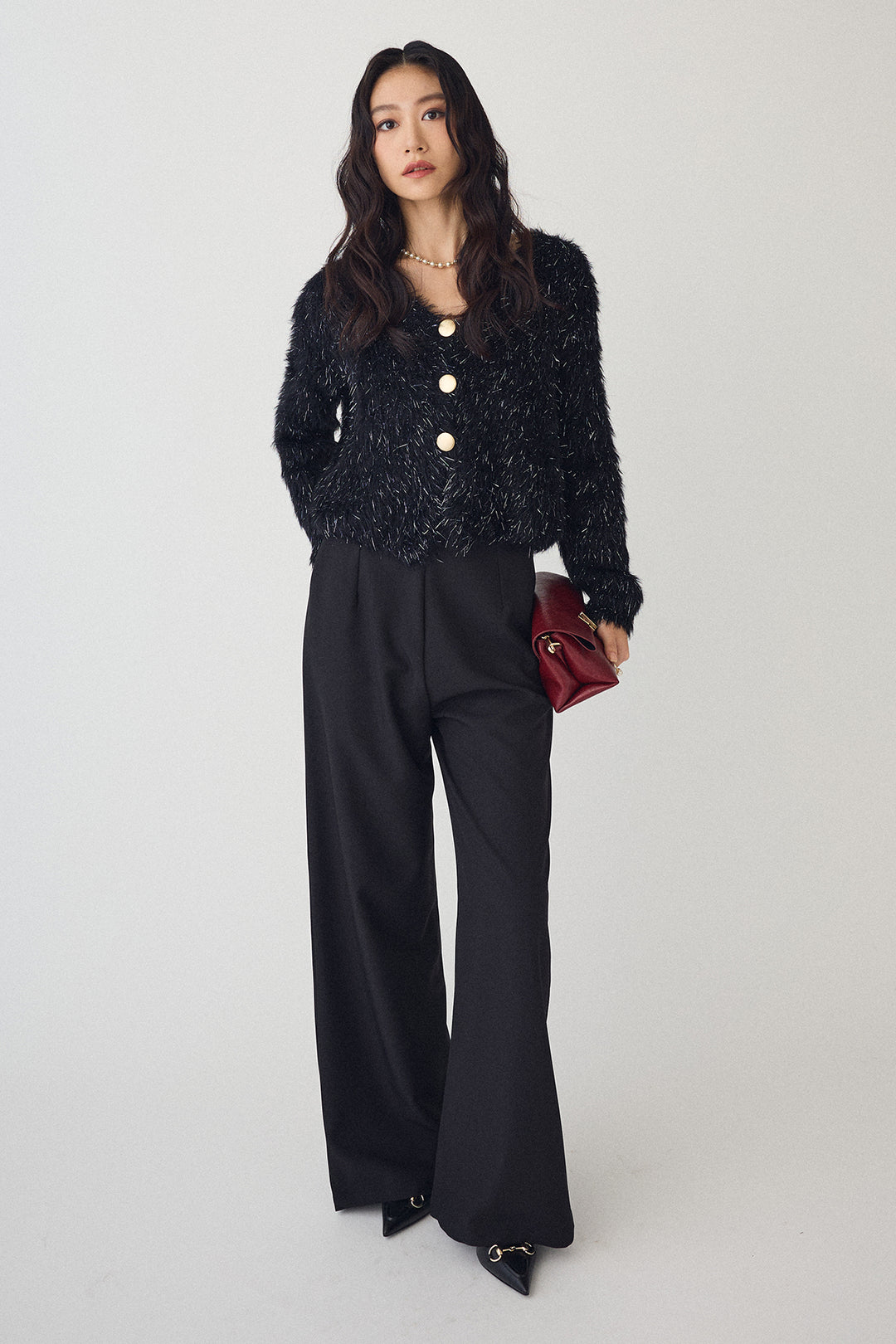 [予約/SET]ゴールドボタンラメシャギーニット+バックリボンストレートパンツ(2set)