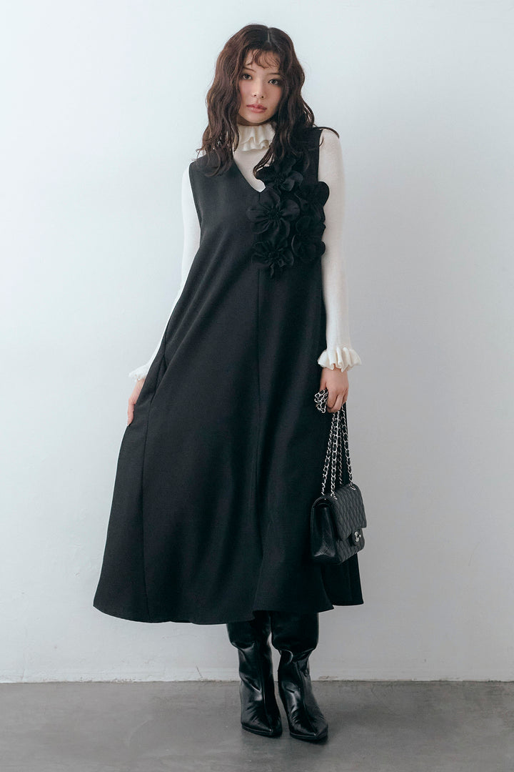 [予約/SET]ダブルフリルカラーニットプルオーバー+アシメフラワーモチーフVネックワンピース(2set)