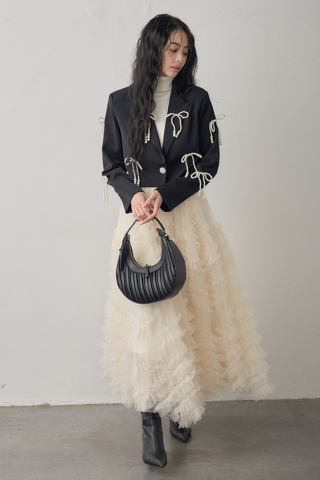 [予約/SET]パールリボンクロップドジャケット+スフレアシメチュールスカート(2set)