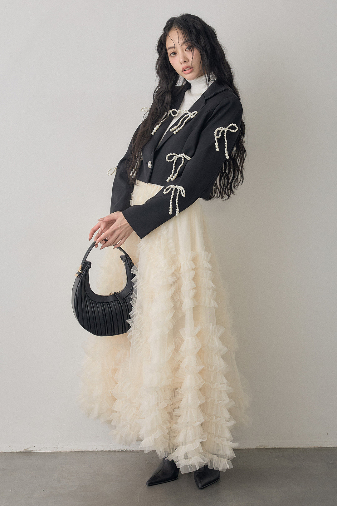 [予約/SET]ベーシックリブタートルニット+パールリボンクロップドジャケット+スフレアシメチュールスカート(3set)