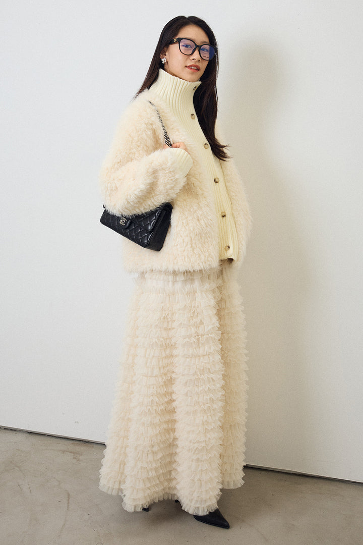 [予約/SET]シャギーファー×リブニットミックスジャケット+ホイップチュールティアードスカート(2set)
