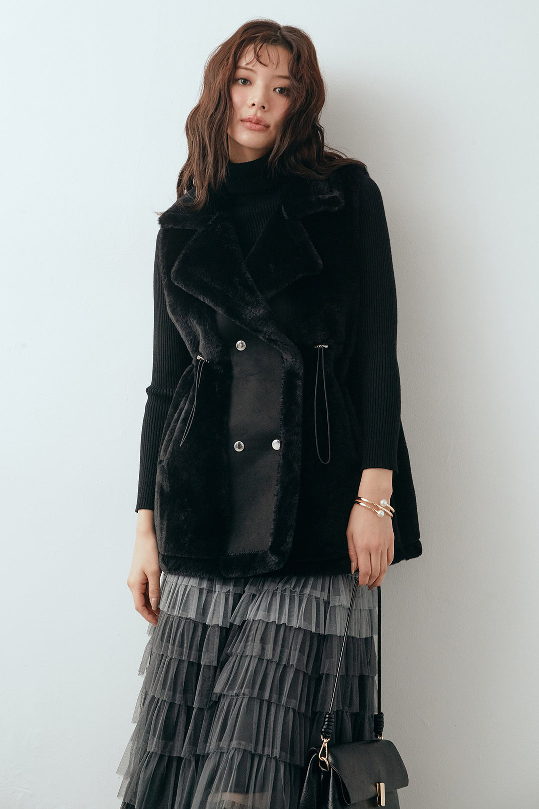 [予約/SET]ベーシックリブタートルニット+テディボアウエストドロストベスト+グラデーションチュールティアードスカート(3set)