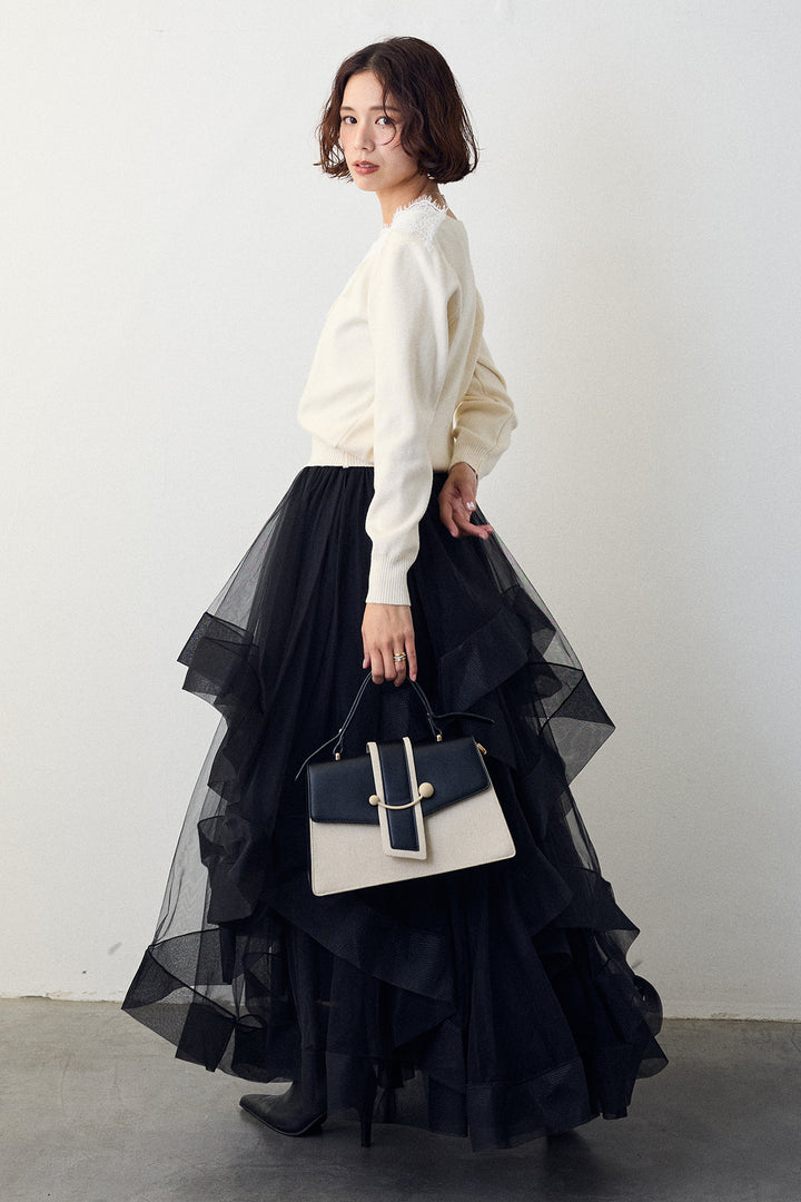 [予約/SET]Vレースデザインニットプルオーバー+ランダムフリルティアードボリュームスカート(2set)