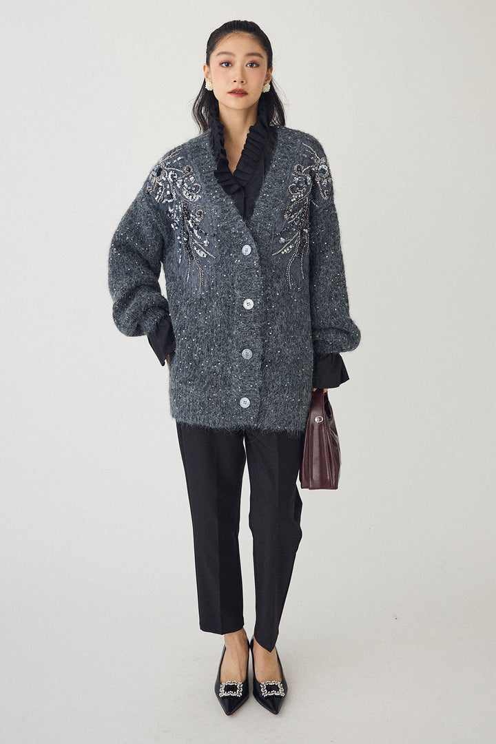 [予約/SET]ダブルプリーツカラーブラウス+ビーズフラワースパンコールシャイニーニットカーデ+タックテーパードパンツ(3set)