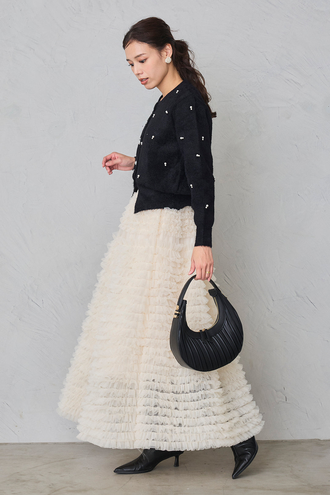 [予約/SET]ミックスパールシャギーコーディガン+ホイップチュールティアードスカート(2set)