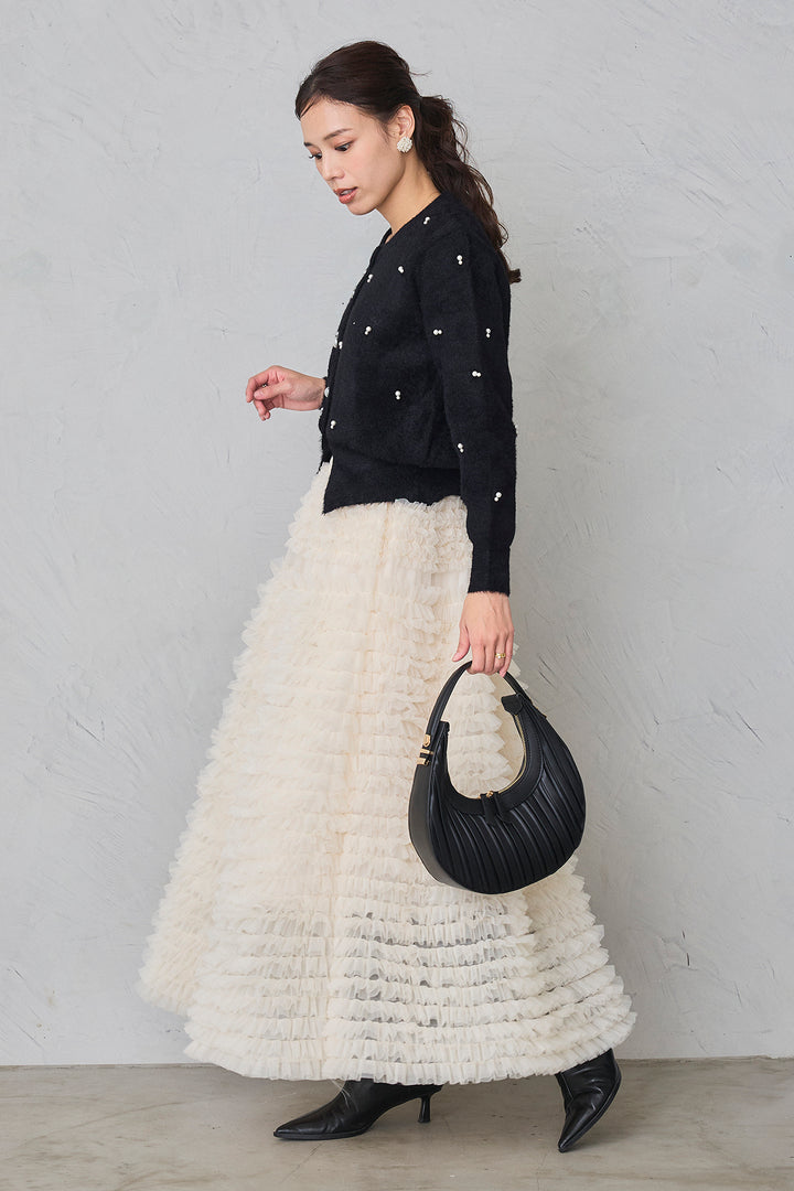 [予約/SET]ミックスパールシャギーコーディガン+ホイップチュールティアードスカート(2set)