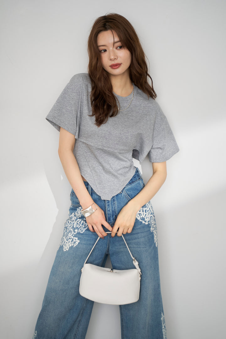 [予約/SET]バックレースアップTシャツ+レースプリントデザインデニムパンツ(2set)