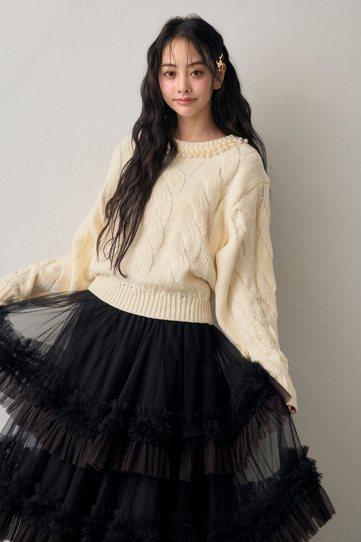 [予約/SET]ネックパールケーブル編みニット+配色フリルティアードロマンティックスカート(2set)