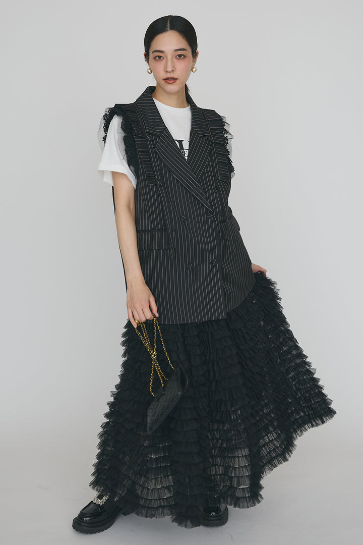 [予約/SET]ThecityロゴTシャツ+フリルショルダーテーラーマニッシュベスト+ホイップチュールティアードスカート(3set)