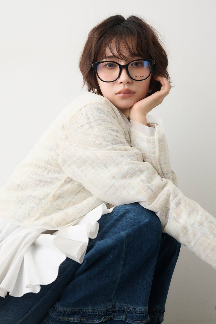 [予約/SET]パネルフレアヘムシャツ+ツイード×チュールレイヤードクロップドジャケット+フリルヘムデニムパンツ(3set)