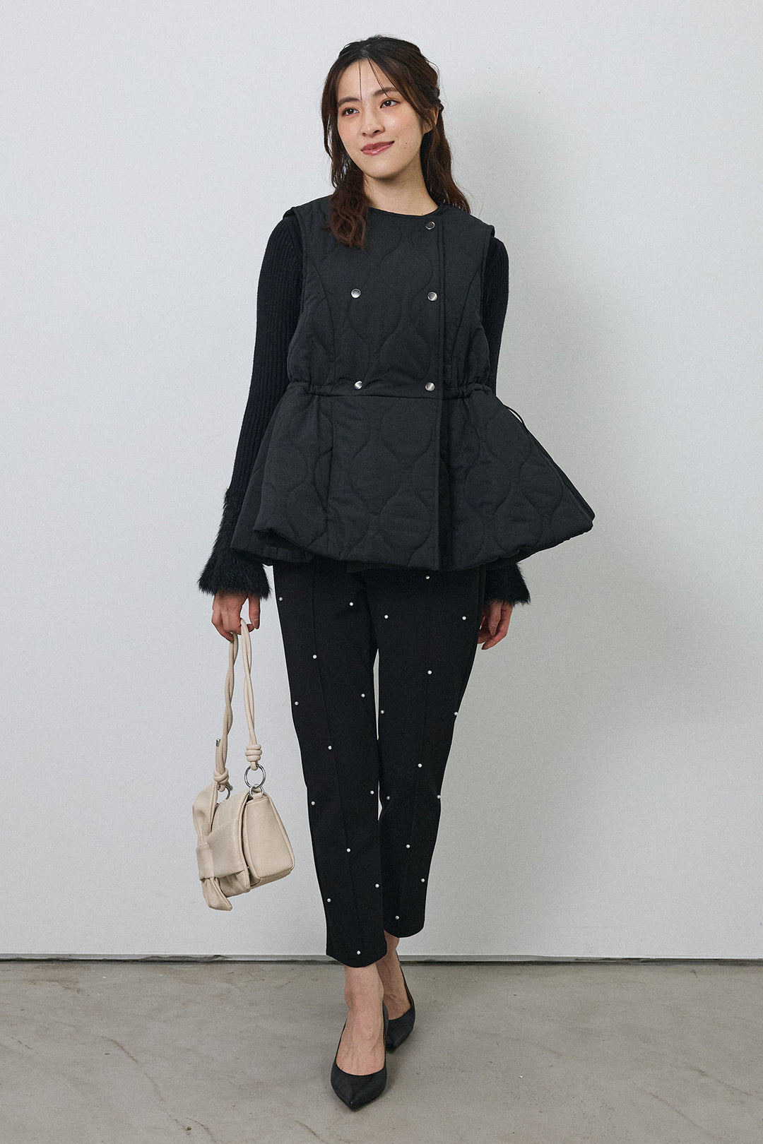 [予約/SET]フェザー切替スリーブフレアニット+キルティングフレアシルエットベスト(2set)