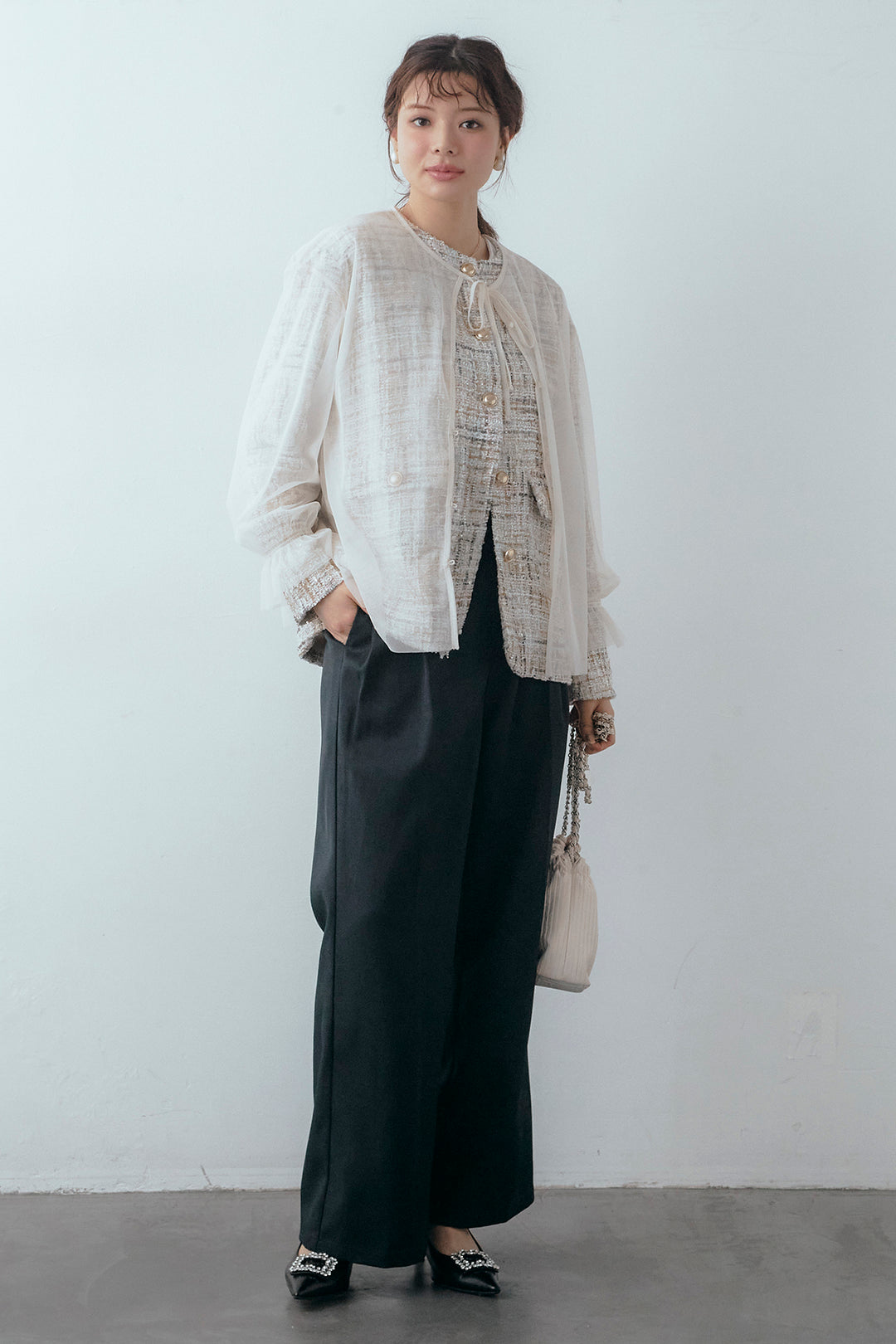 [予約/SET]2wayチュールレイヤードツイードジャケット+スプリングカラータックストレートパンツ(2set)