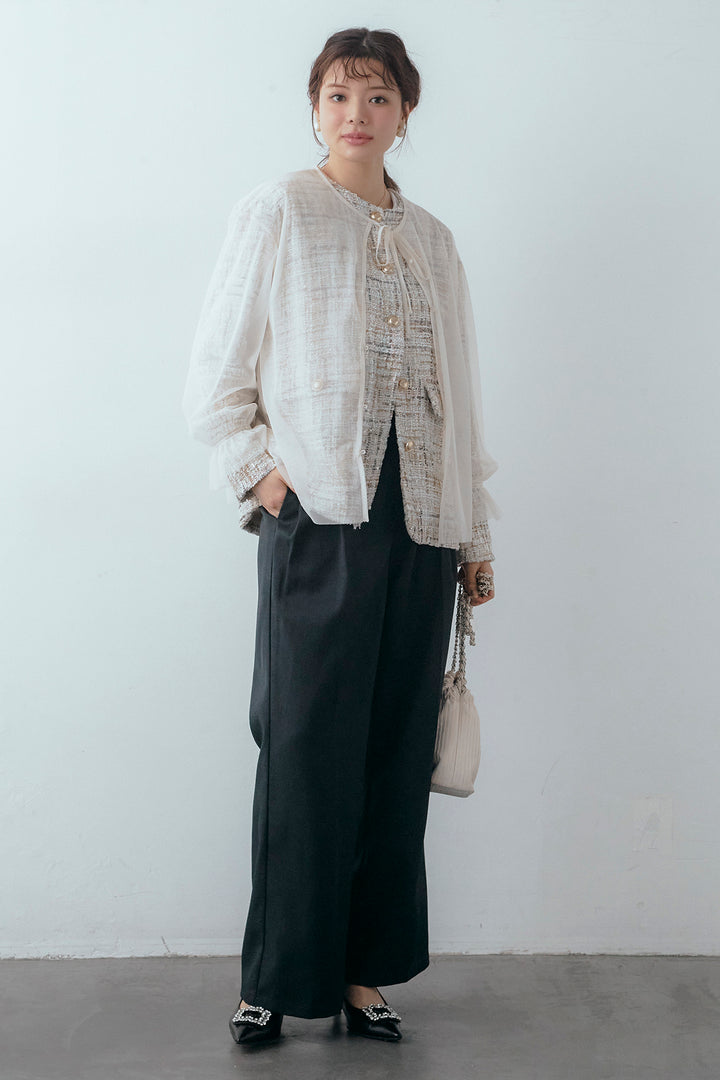 [予約/SET]2wayチュールレイヤードツイードジャケット+スプリングカラータックストレートパンツ(2set)